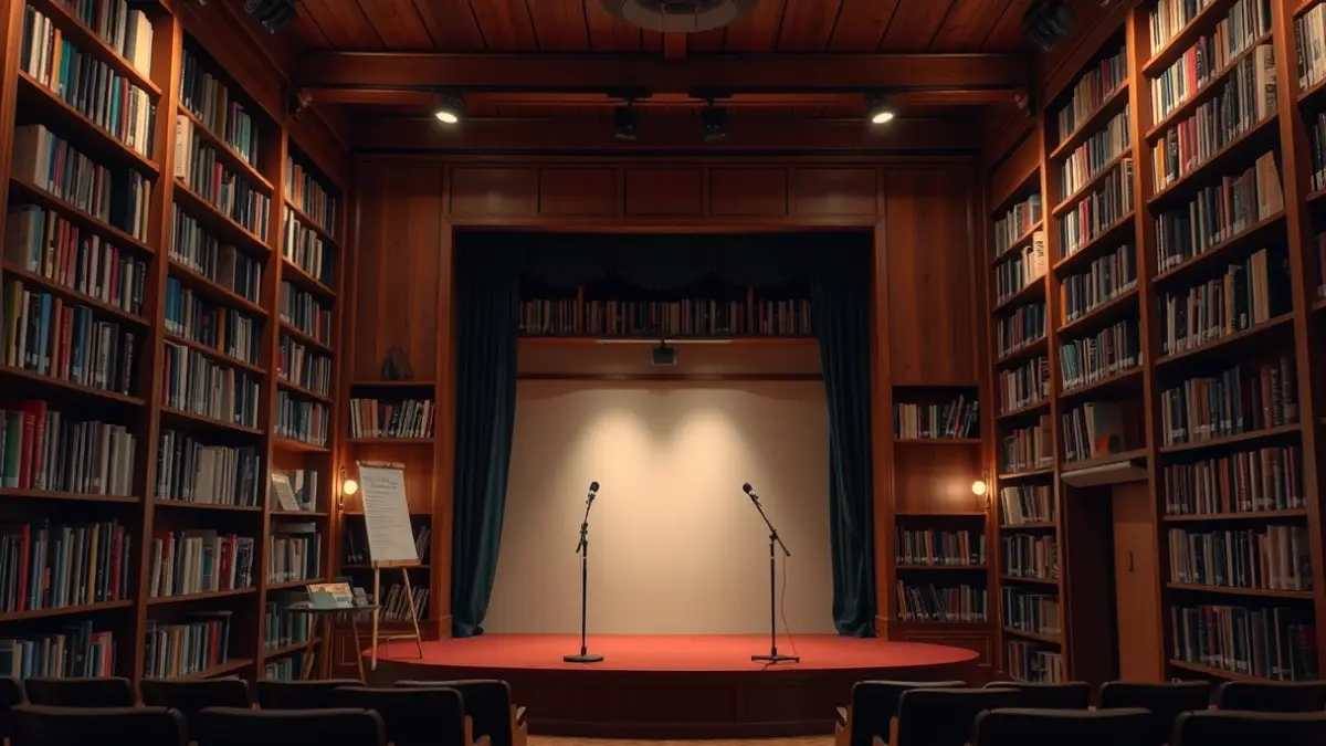 Imatge genèrica d'una biblioteca amb prestatgeries de fusta i un xicotet escenari per a contacontes.