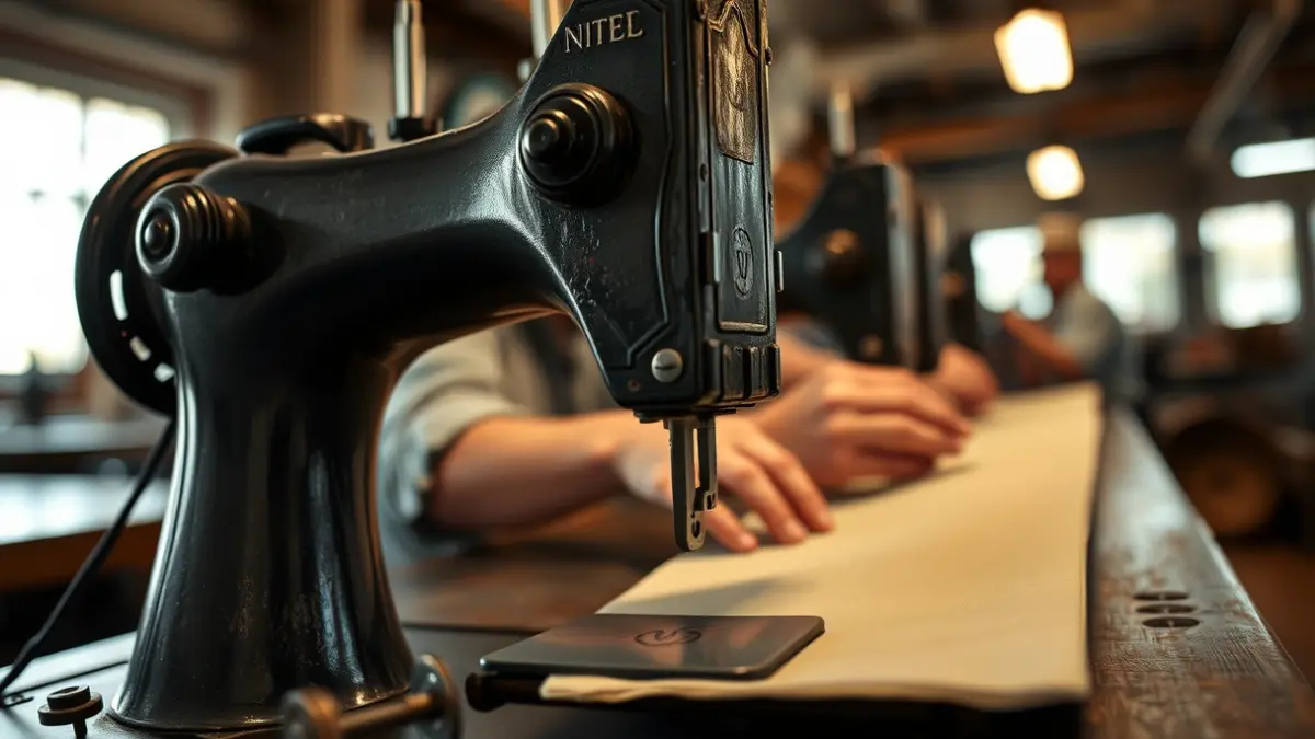 Imagen genérica de una máquina de coser antigua, con manos trabajando en tela, en un ambiente industrial cálido.
