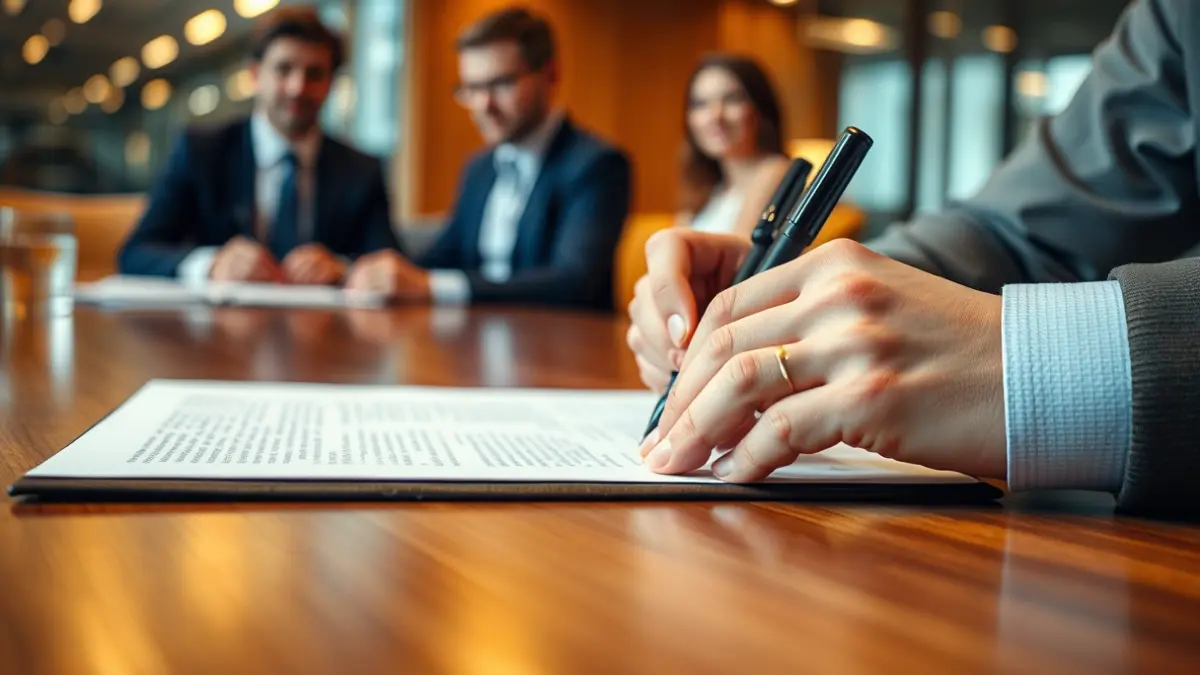 Imatge genèrica de mans signant un document en una taula de fusta, amb figures borroses al fons.