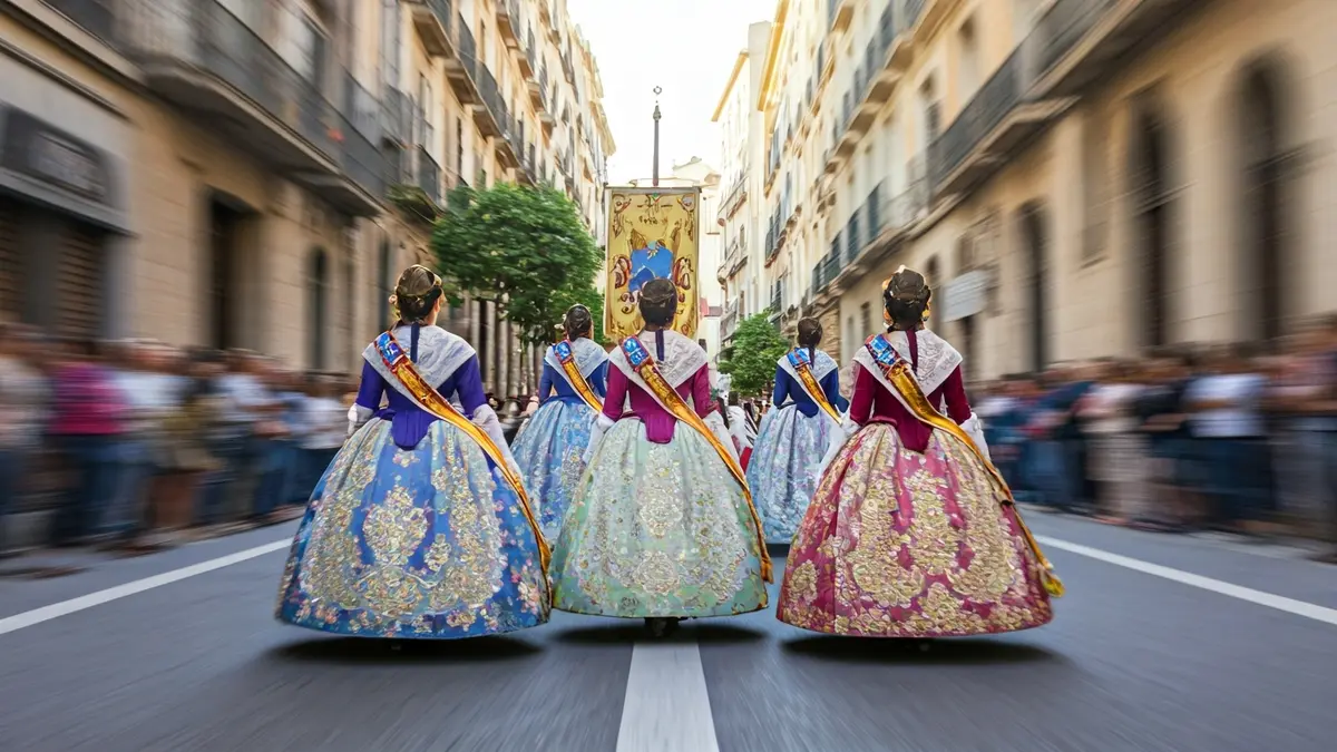 Imatge d'una desfilada de comissions falleres en l'Ofrena a Sant Vicent Ferrer en València, amb vestits tradicionals i un ambient festiu.