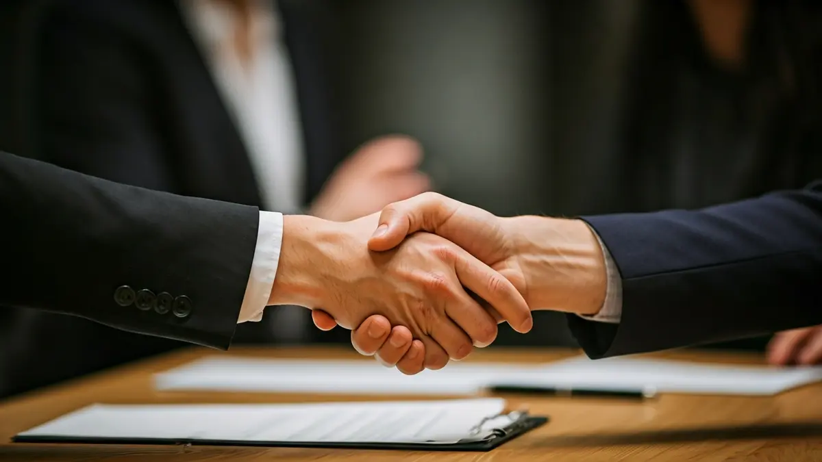 Imatge genèrica de dues mans encaixant sobre un escriptori, simbolitzant acords empresarials.