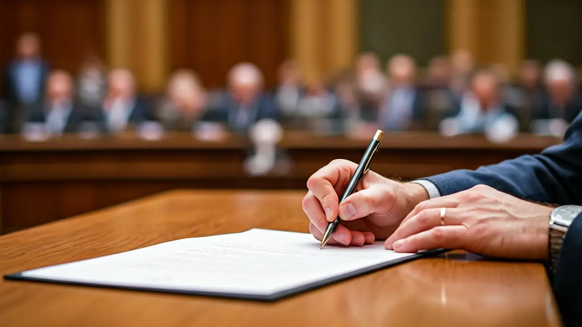 Generic image of hands signing a document, symbolizing legislative agreement.