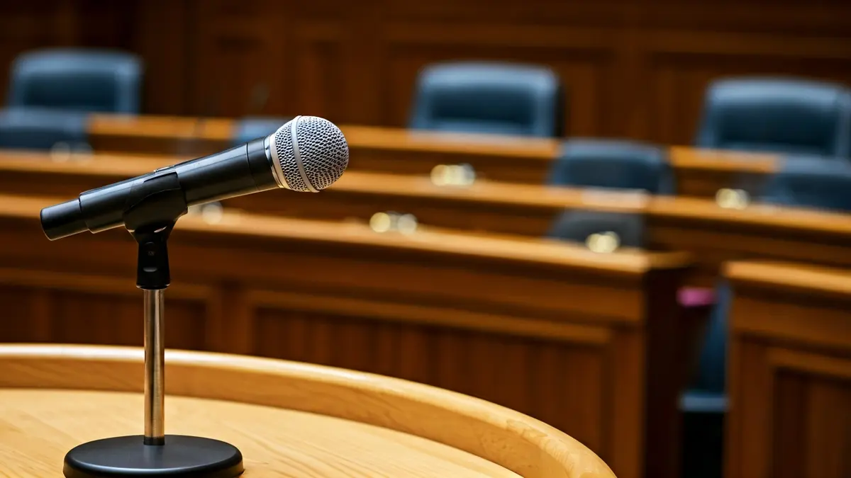 Generic image of a microphone on a podium in a plenary hall, representing a political debate.