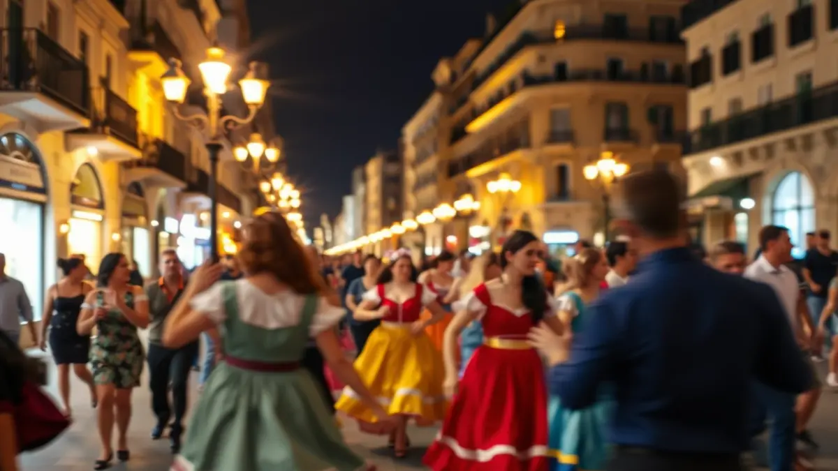 Generic image of dancers in a traditional Valencian 'dansà' in a square at night.