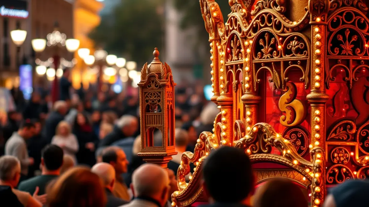 Imagen de una falla con detalles intrincados, rodeada por una multitud borrosa e iluminación festiva cálida.