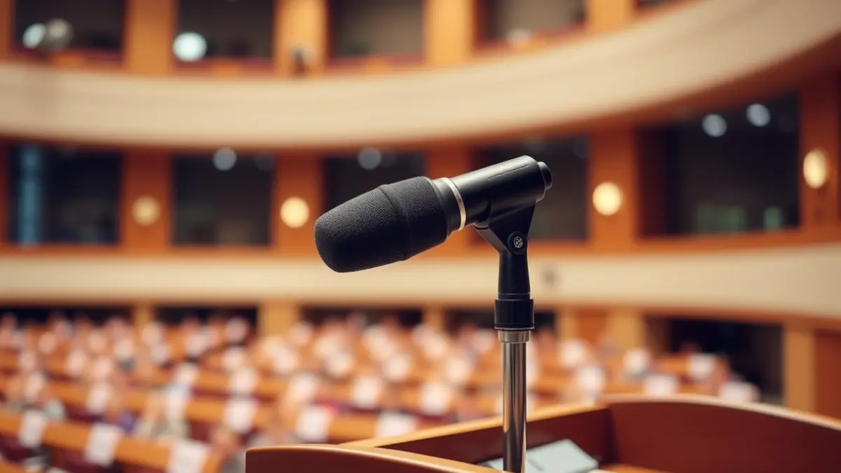 Imatge genèrica d'un micròfon en un faristol durant una assemblea oficial.