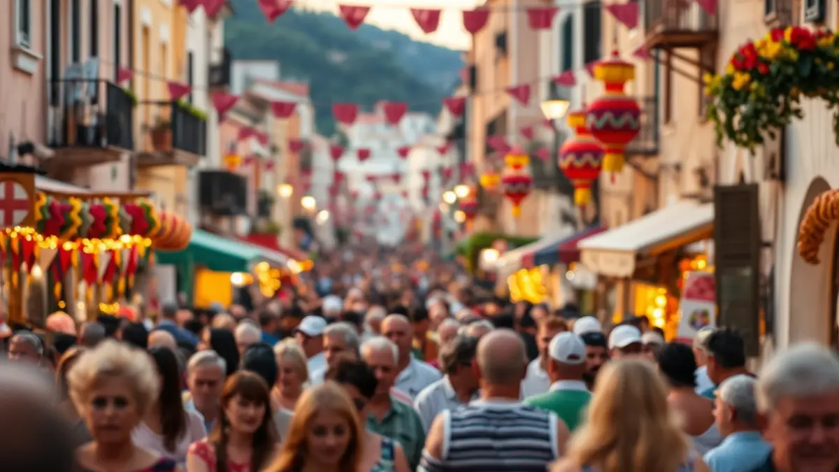 Imagen de ambiente festivo durante las Fiestas de Moros y Cristianos de Alcoy, con multitudes y decoraciones coloridas.