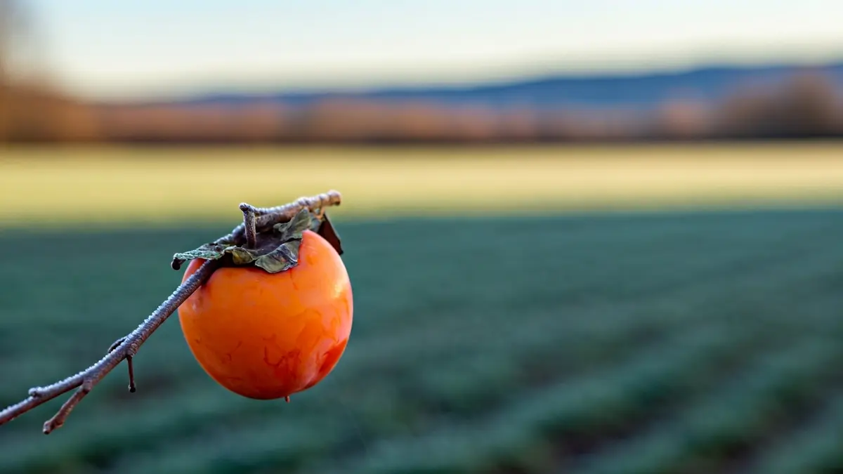 Imagen de un caqui con helada, símbolo de las pérdidas agrícolas.