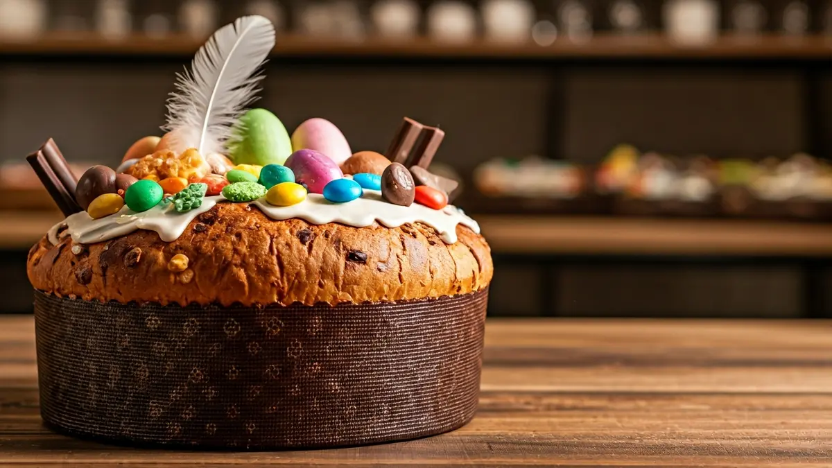 Image of a large, decorated Easter cake with chocolate and sweets.