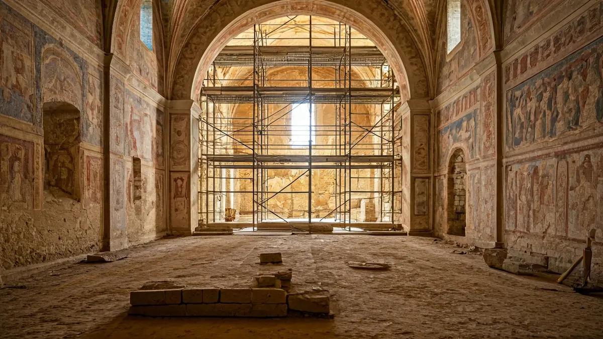 Image of the interior of the Chapel of the Assumption in Gandia during restoration works, with 17th-century paintings visible.