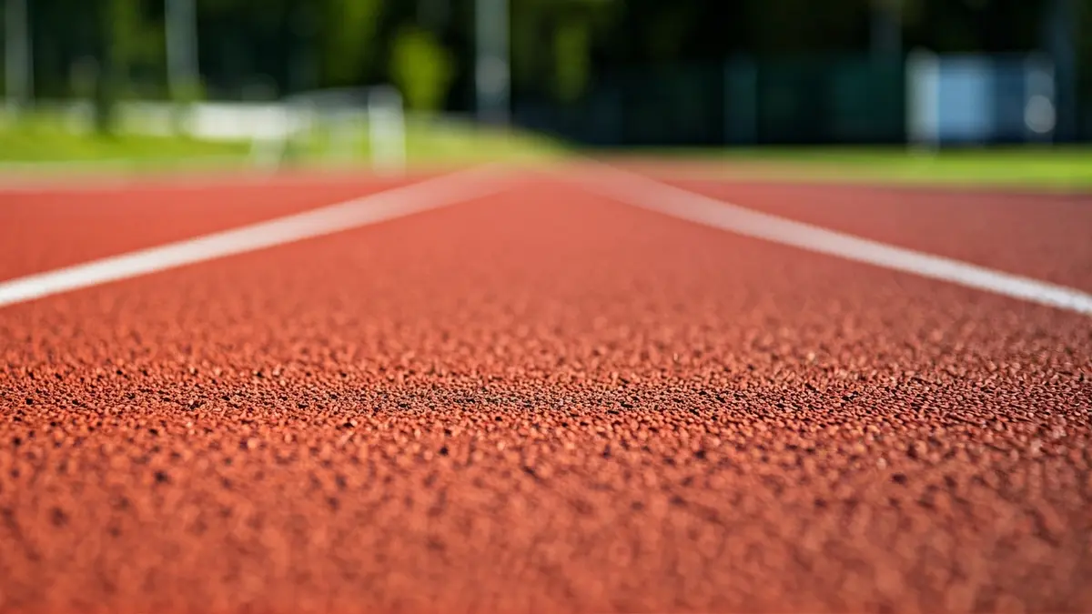 Imatge genèrica d'una pista d'atletisme amb la superfície de tartà vermella i línies blanques.