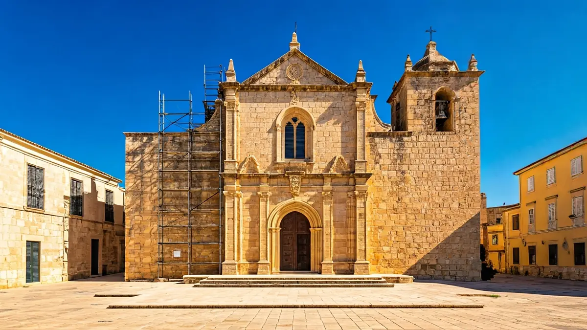 Imatge d'un monestir històric en rehabilitació, amb bastides i materials de construcció.