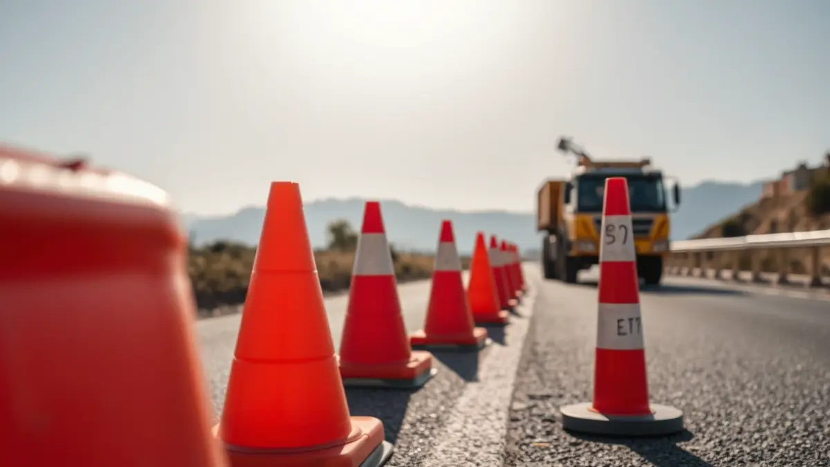 Imatge genèrica d'obres en una carretera amb barreres i cons de trànsit.