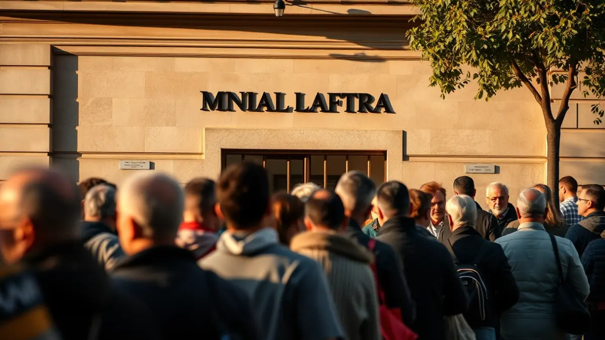 Imatge genèrica d'una cua de persones esperant fora d'unes oficines municipals.