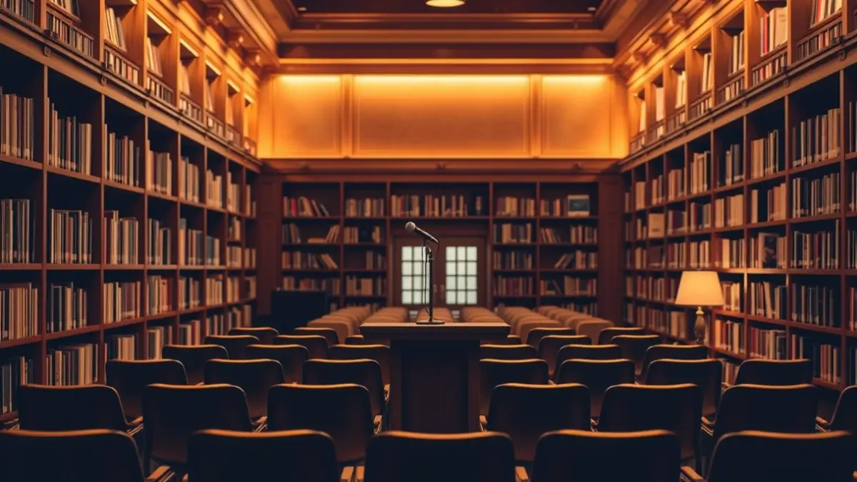 Generic image of a library interior with wooden bookshelves and a warm reading atmosphere.