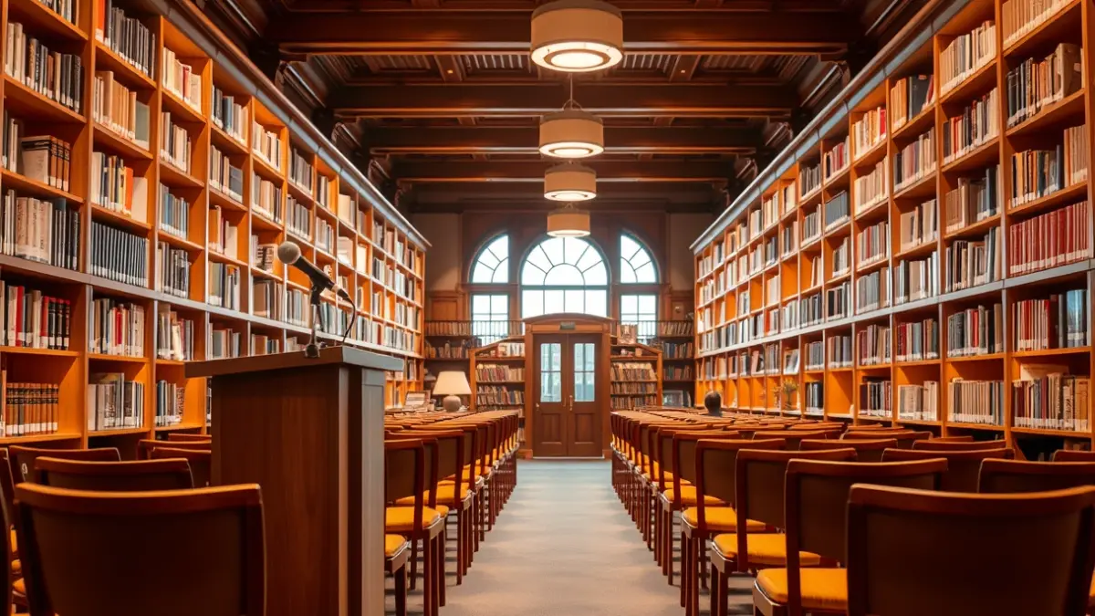 Imatge genèrica d'una biblioteca amb prestatgeries de fusta i un podi amb micròfon, amb una atmosfera càlida de lectura.