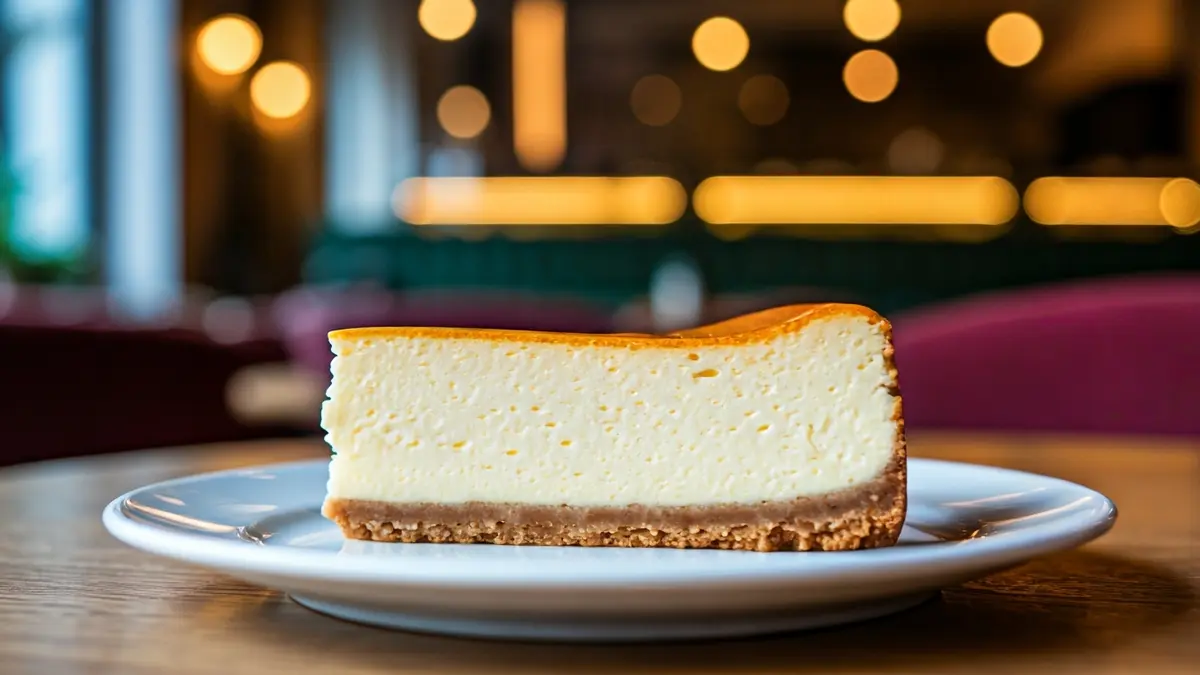 Generic image of a cheesecake slice on a white plate, with a blurred background of a modern, cozy cafe interior.