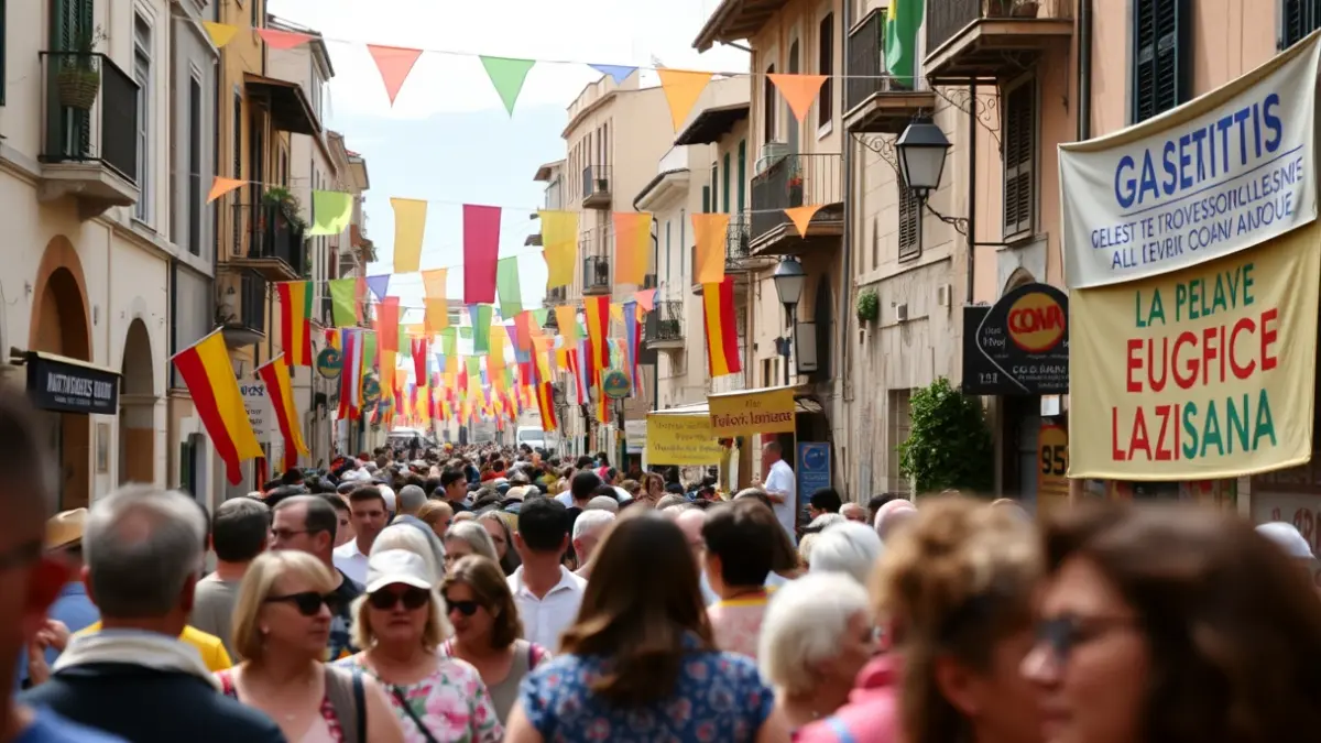 Generic image of a popular street festival in a Mediterranean town, with people and festive decorations.