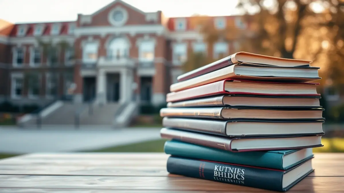 Imatge genèrica de llibres acadèmics en un escriptori, amb un campus universitari desenfocat al fons.