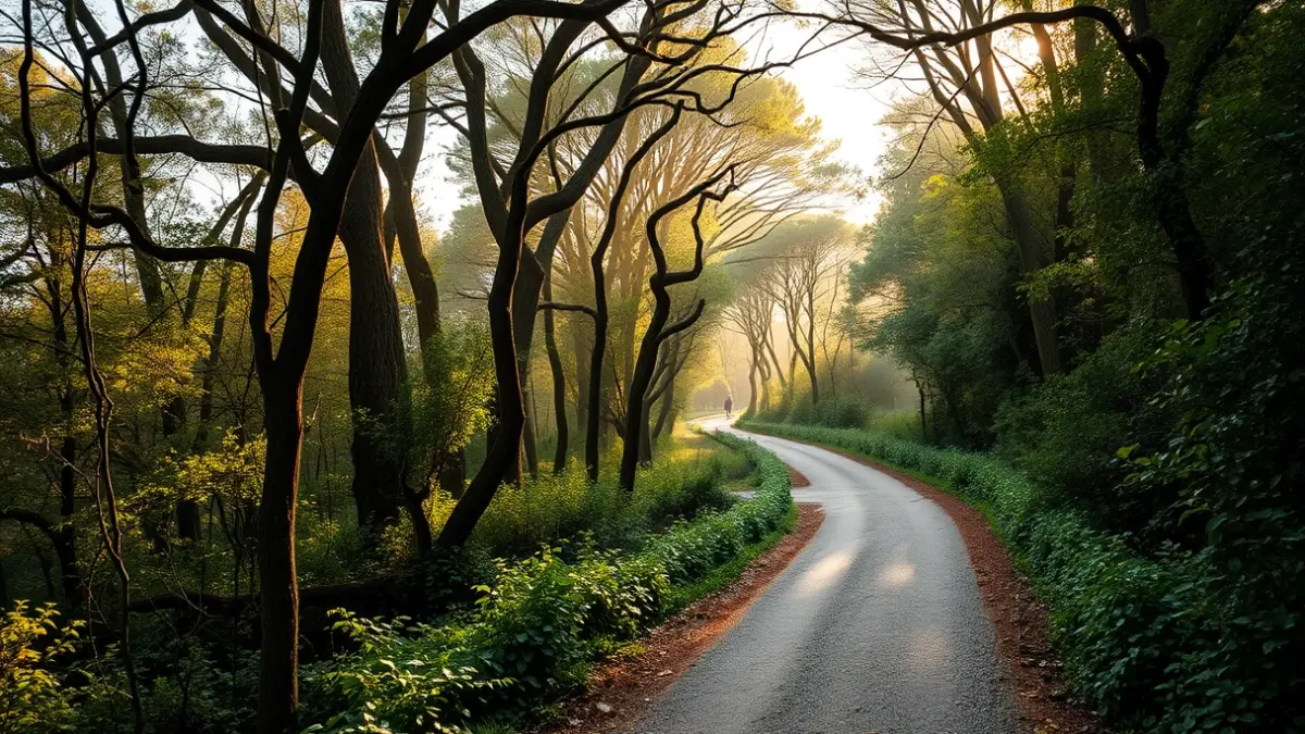 Generic image of a forest path with vegetation, evoking a pilgrimage.