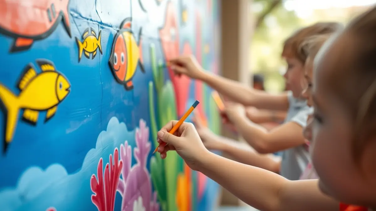 Mans de xiquets pintant un mural amb temàtica marina.