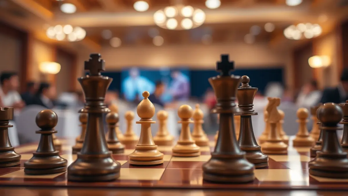 Imatge genèrica d'un tauler d'escacs amb peces en plena partida, amb un fons desenfocat d'una sala de torneig.