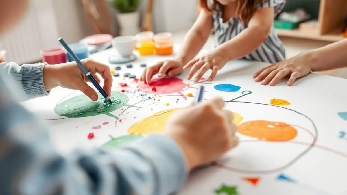 Imagen genérica de manos de niños explorando materiales artísticos coloridos en un taller.