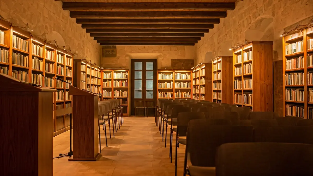 Imatge genèrica d'un interior de biblioteca amb prestatgeries de fusta i un faristol amb micròfon.