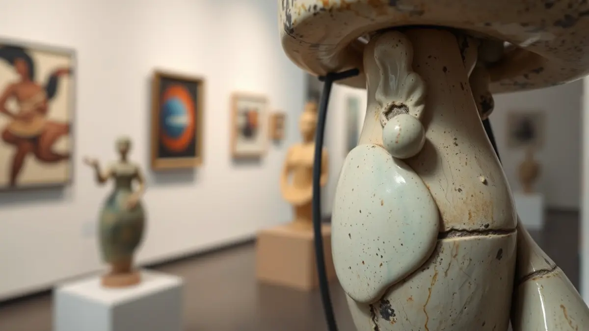 Image of a ceramic sculpture with iron and glass elements, displayed in an art gallery.