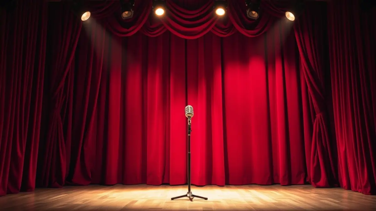 Generic image of a vintage opera stage with red velvet curtains and a microphone, evoking a historical performance.