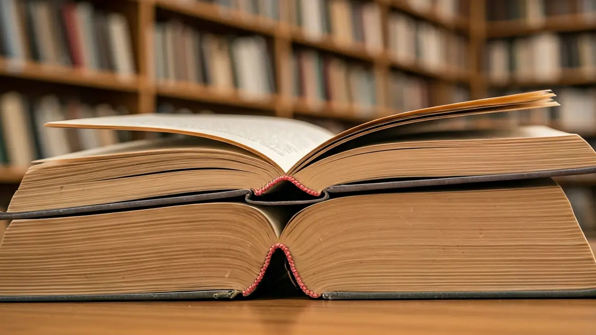 Generic image of old books in a library, with an open book on a wooden table.
