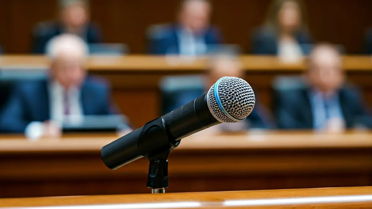 Generic image of a microphone on a podium, symbolizing a political debate or press conference.