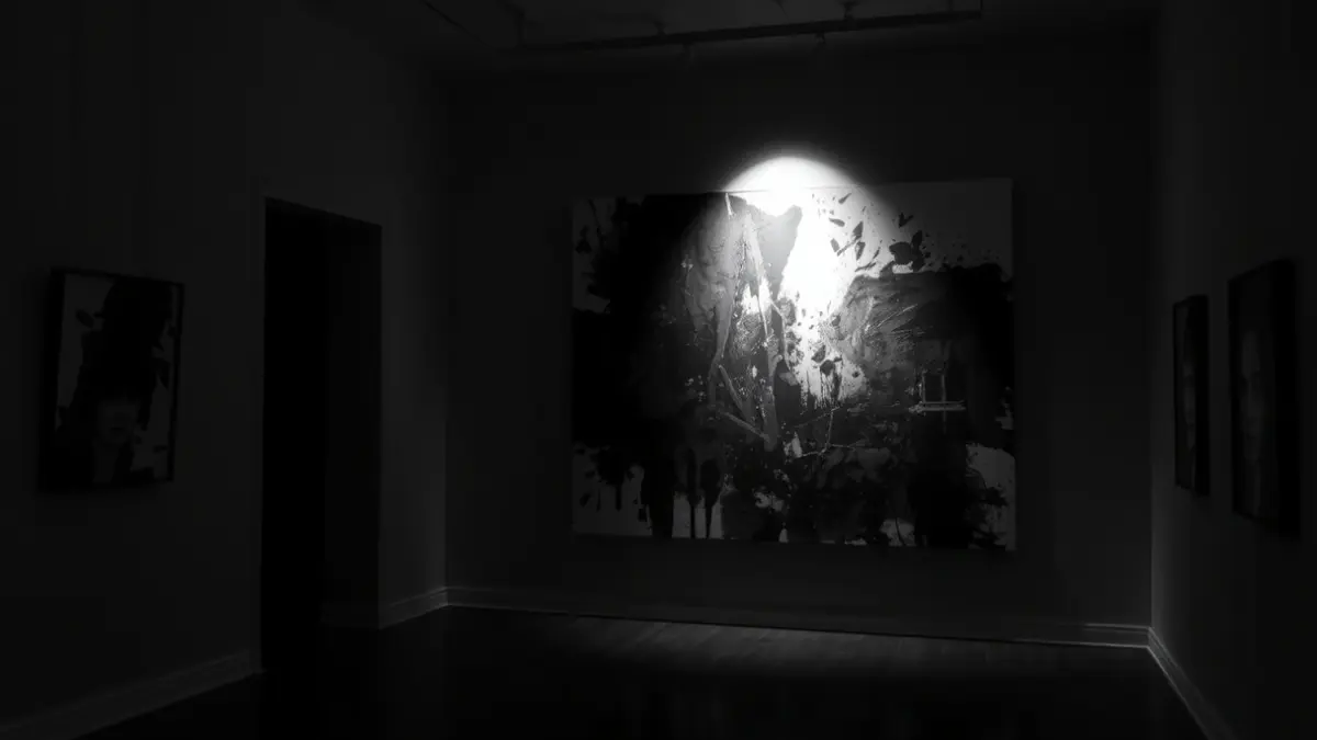 Image of an art gallery with a black and white abstract painting, illuminated by a spotlight, creating dense shadows and an expressive atmosphere.