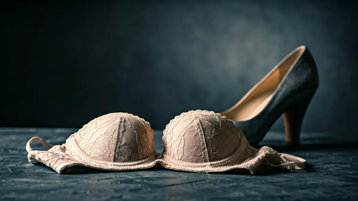 Image of old personal items, such as a brassiere and high-heeled shoes, on a dark surface.