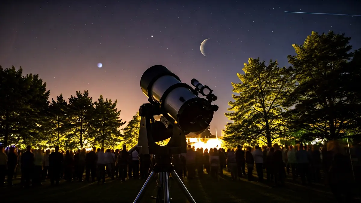 Image of a telescope pointing at the night sky with Jupiter visible, in a garden.