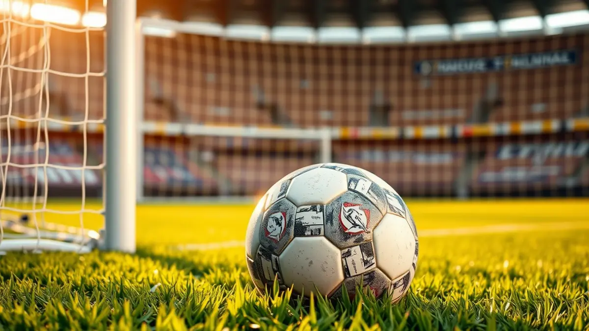 Imatge genèrica d'una pilota de futbol en la gespa d'un estadi, amb la porteria desenfocada al fons.