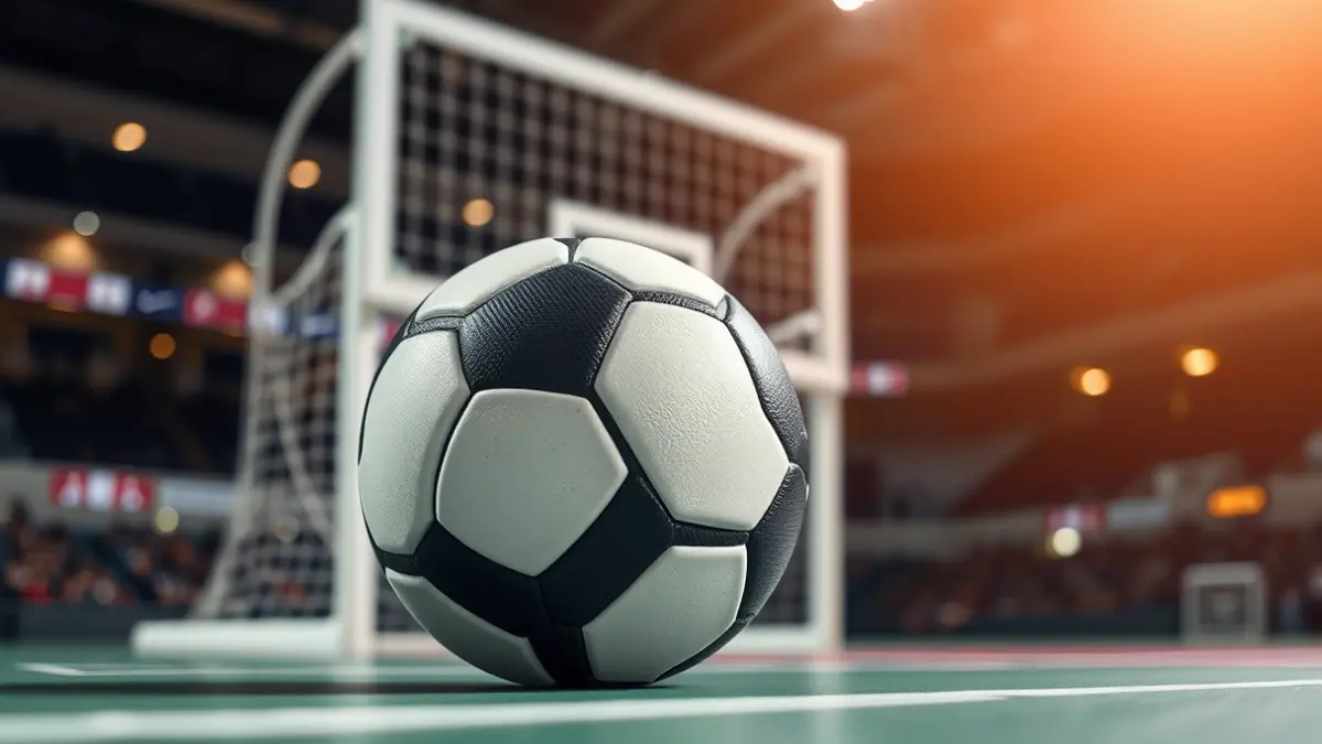 Generic image of a handball on a court, with a blurred goal in the background.