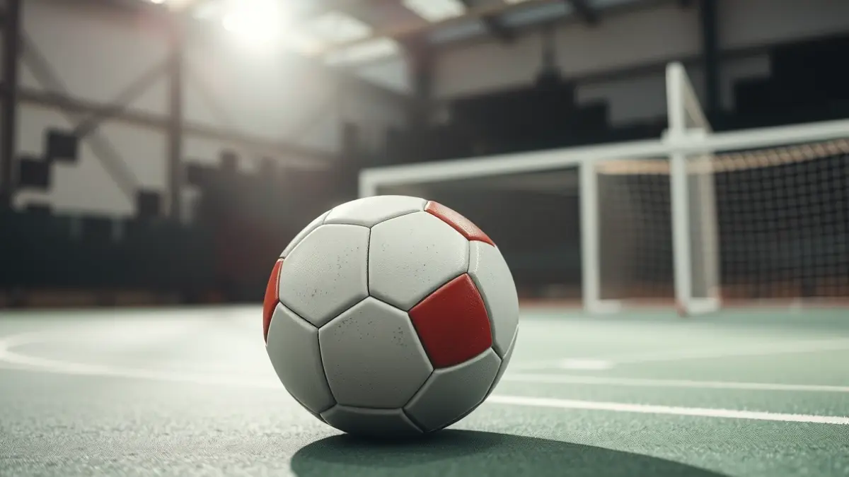 Generic image of a handball on the court, with the goal blurred in the background.