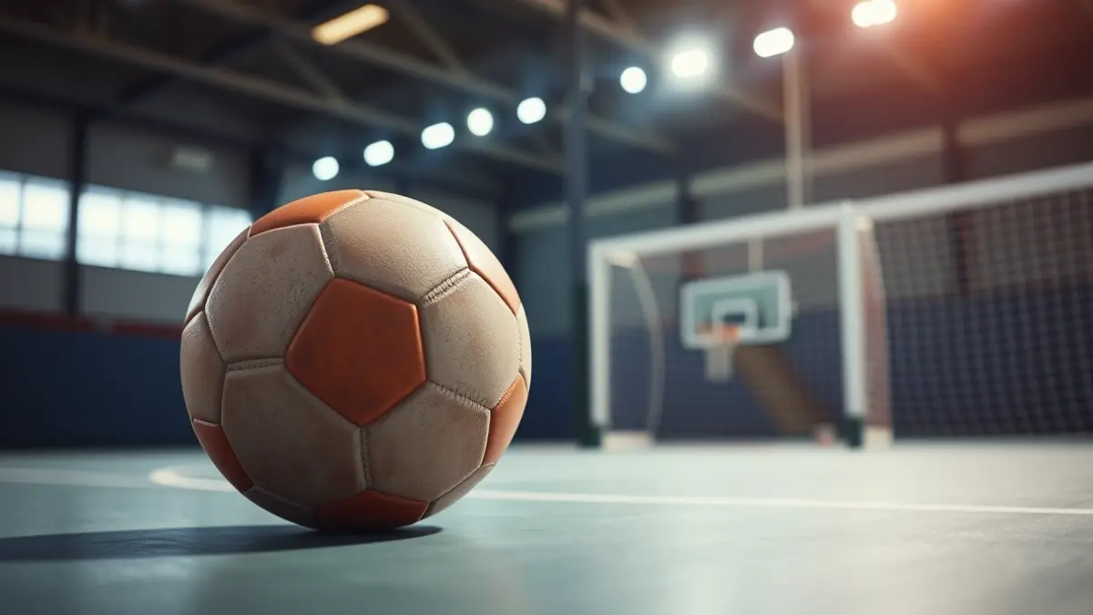 Generic image of a handball on a court, with a blurred goal in the background.