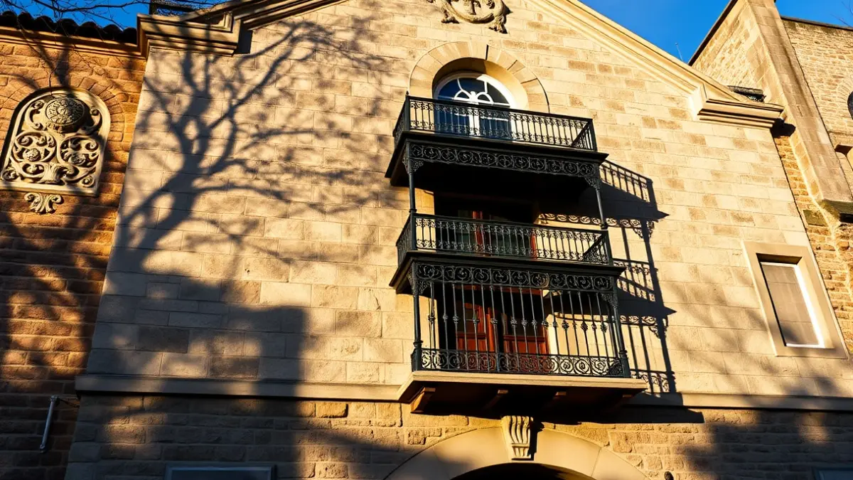 Façana de l'ajuntament d'Elx amb balcó i baranes de ferro, banyada per la llum del sol de la vesprada.