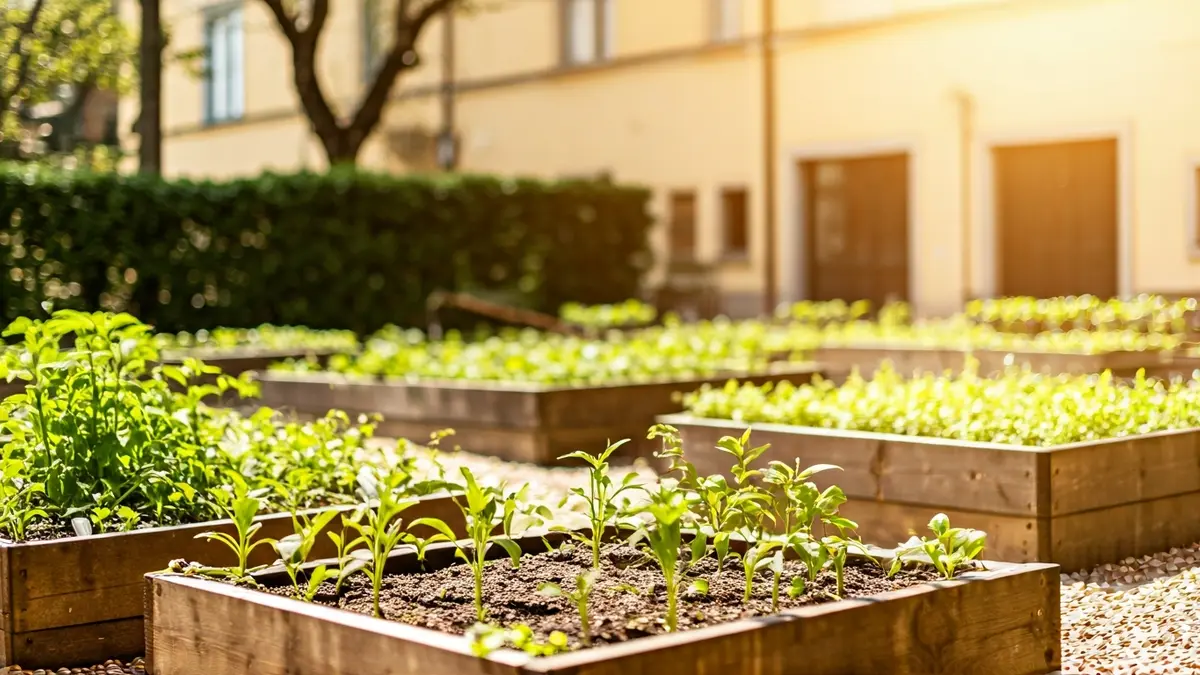 Generic image of a school garden with plants and gardening tools, under sunlight.