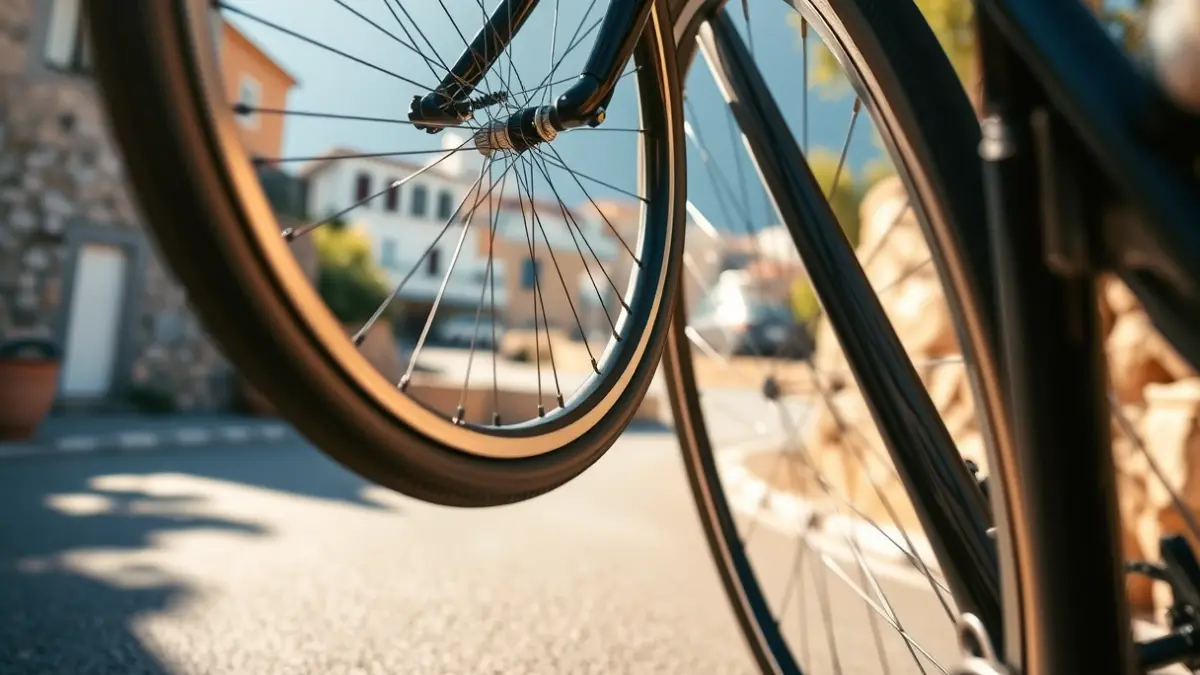Imagen genérica de una rueda de bicicleta en una carretera, con un pueblo mediterráneo de fondo.