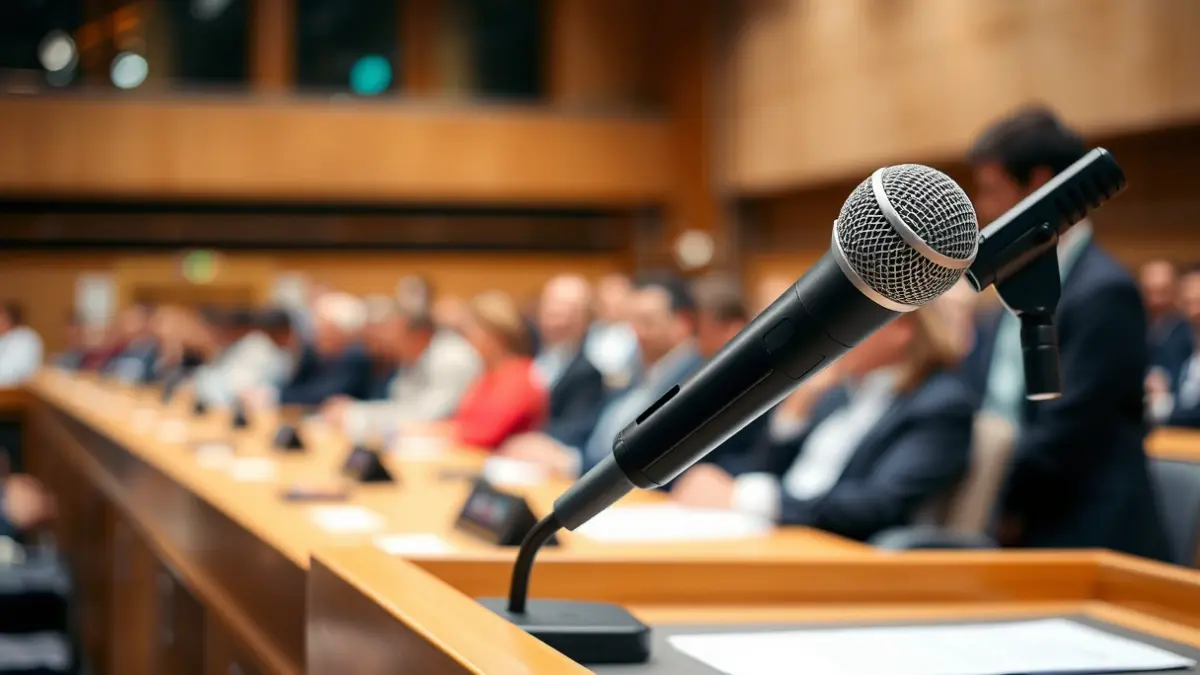Imatge genèrica d'un micròfon en un faristol durant una compareixença pública.