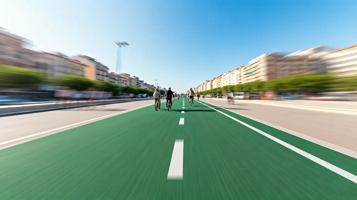 Imatge genèrica d'un carril bici verd que connecta dos municipis, amb edificis borrosos al fons.