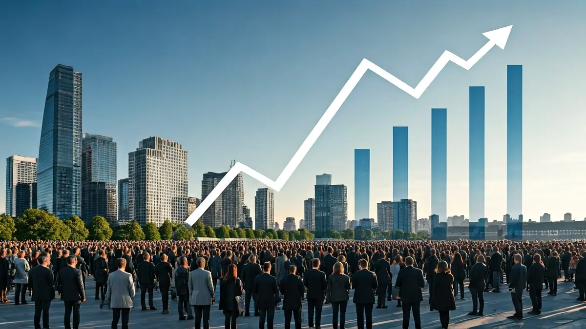 Imagen genérica de un gráfico de barras con tendencia al alza, con edificios de oficinas al fondo.