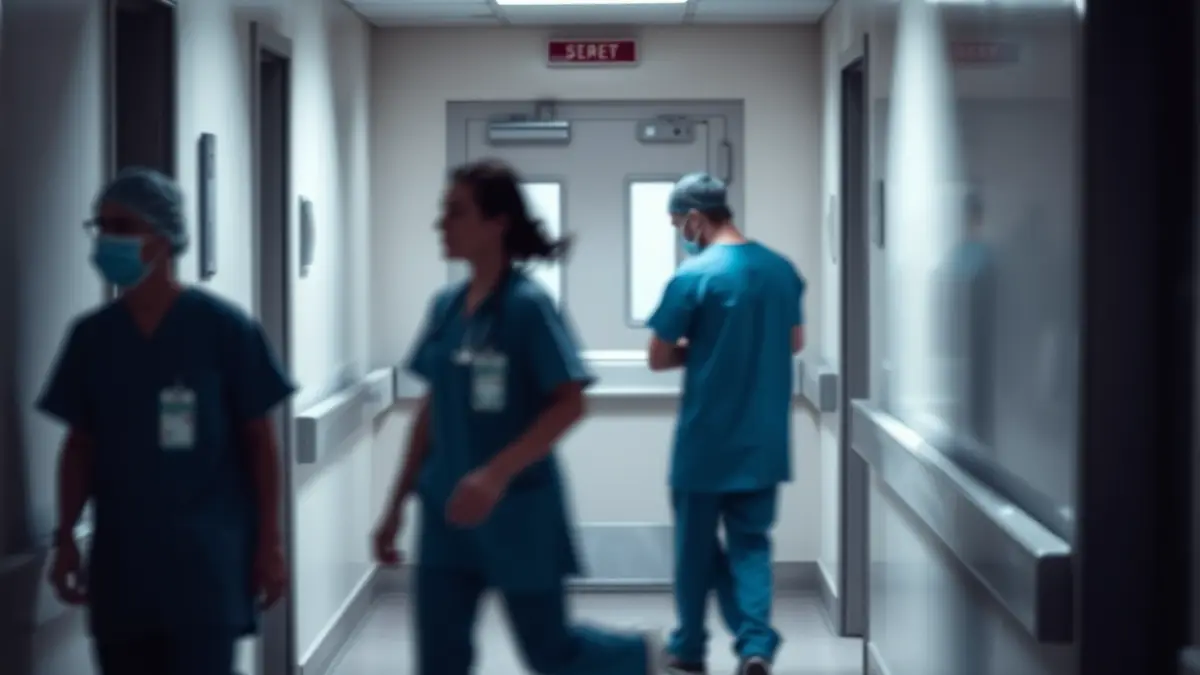 Generic image of a hospital corridor with a closed operating room door.