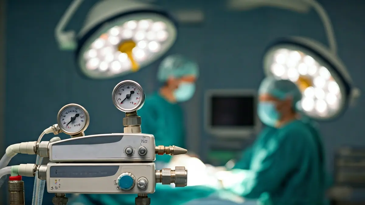 Generic image of medical equipment in an operating room, with gas flow meters and monitoring screens.