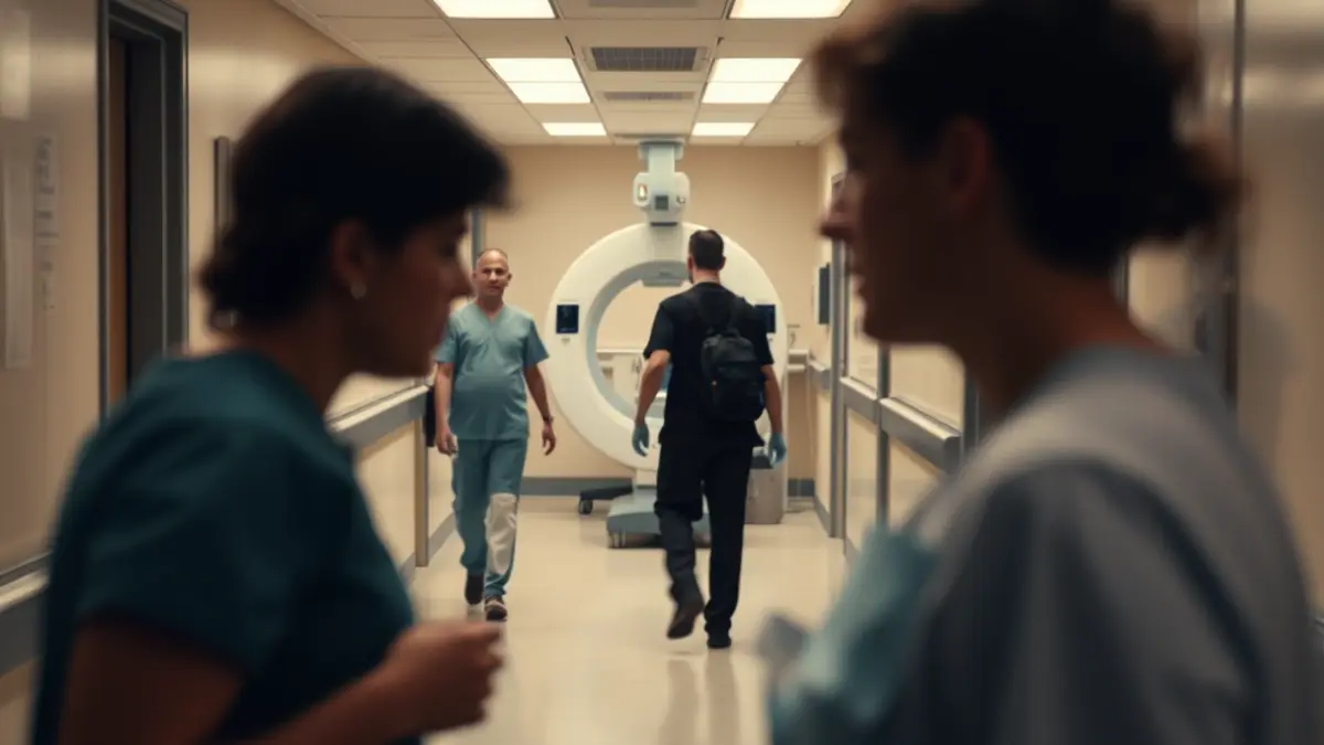 Generic image of a hospital corridor with blurred figures and a diagnostic machine in the background.