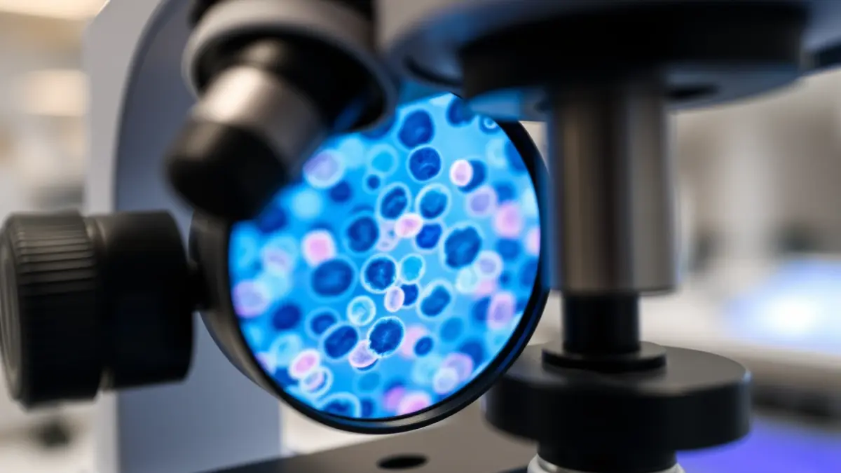 Imagen genérica de células de cáncer de próstata bajo un microscopio en un laboratorio.