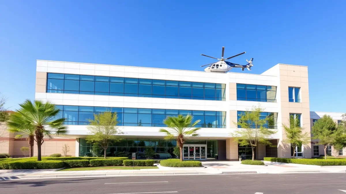 Imatge de la façana d'un hospital modern amb un heliport en la teulada.